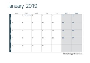 2019 Table Calendar Templete